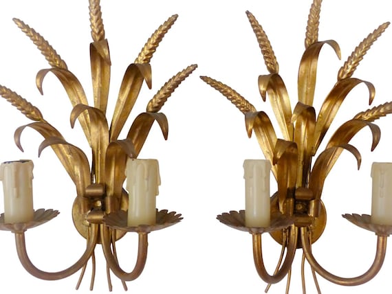 Gorgeous vintage pair of French gilt metal ear wheat sconces Hollywood Regency