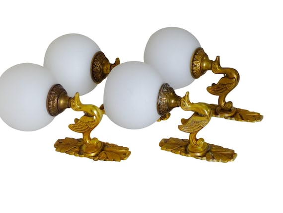 Antique set of 4 French Empire wall lights, opaline shades, swan bronze, 1920s, Petitot