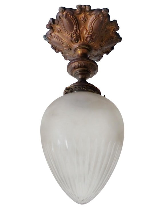 Antique French ceiling 19th chandelier gilded brass large cut glass shade 16"