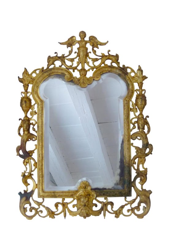 Gorgeous large antique 1880 French bronze mirror, rare angel and mascaron heads