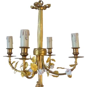 French antique bronze louis xvi chandelier porcelain flowers ribbon foliage 1930