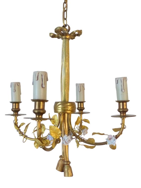 French antique bronze Louis XVI chandelier, porcelain flowers, ribbon, foliage, 1930