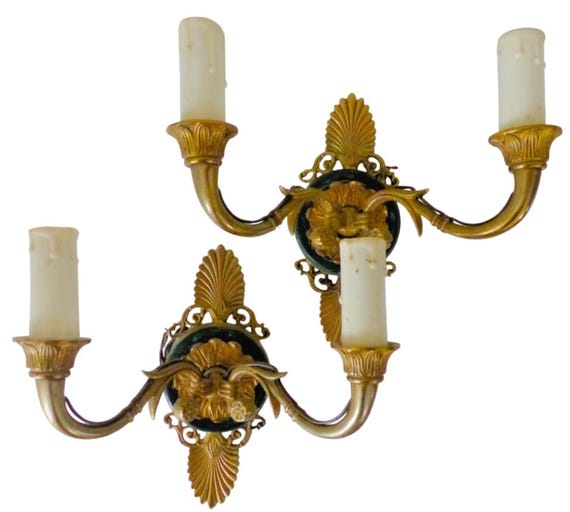 Antique pair French empire wall light sconce 2 lights palm gilded bronze 1930