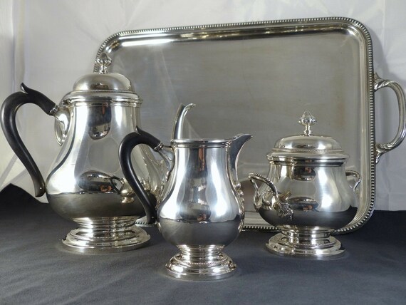 Vintage pearls coffee tea set 3 pieces French hallmarks silverplated pearls mint