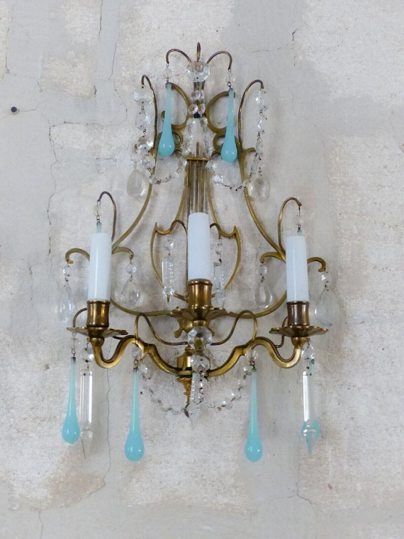 Murano antique wall light aqua blue opaline drops crystal prisms 1930 chandelier