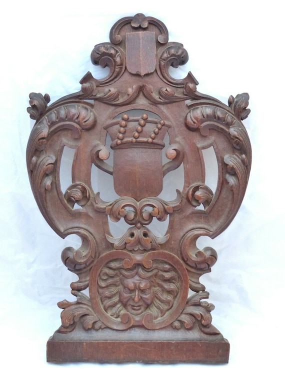 21" antique carved architectural furniture panel salvage gothic 19th coat of arm