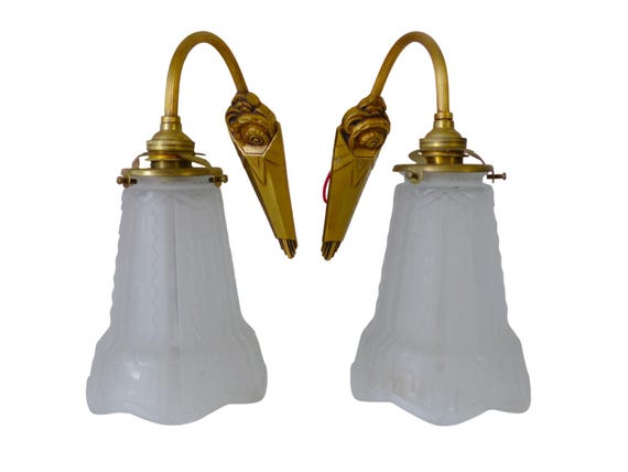 Antique pair wall light sconce art deco glass bronze metal 1930 geometric