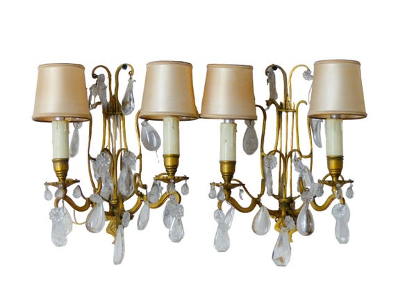 19th gorgeous antique pair wall light clear crystal drop sconces lyre prisms