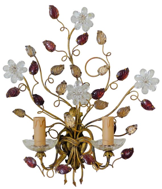 Maison Baguès Floral Wall Sconce, Gilt Iron and Crystal Flowers, French Hollywood Regency Lighting, Vintage French Wall Light