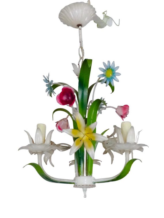 60's charming florentine chandelier enameled metal tole flowers italian ceiling