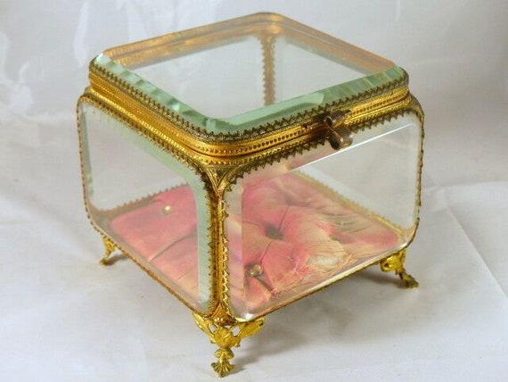 Antique French jewelry box 6.3" square thick beveled glass bronze casket display case