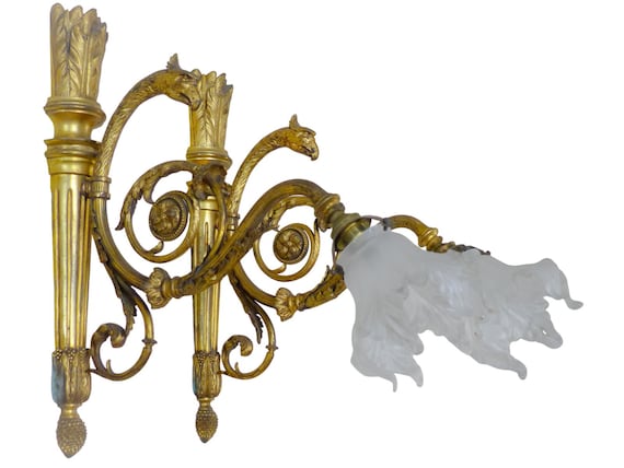 Large Pair of Empire Style Gilt Bronze Eagle Wall Sconces – French Double Arm Wall Lights with Antique Frosted Glass Shades