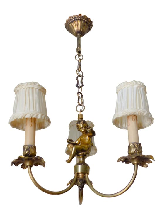 Vintage French 3-arm ormolu bronze shades chandelier ceiling cherub putti rare