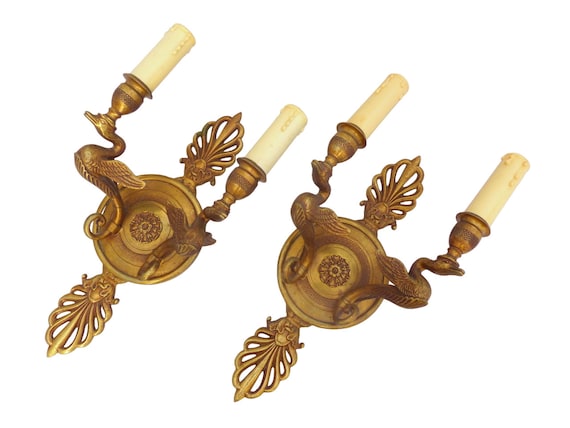 Antique pair of rare French Empire wall light sconces, 2 bronze light swans, circa 1930