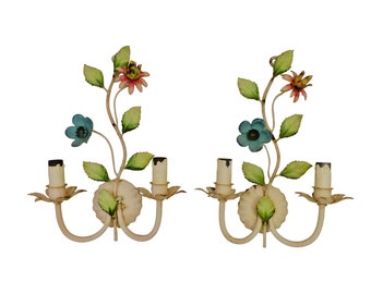Charming florentine pair wall light enameled metal tole flowers 1970 italian