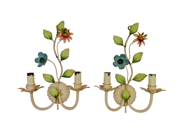Charming florentine pair wall light enameled metal tole flowers 1970 italian