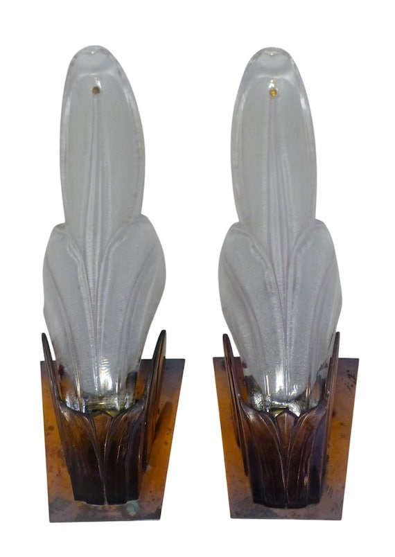 Antique set pair wall light sconce art deco glass copper metal 1930 ezan petitot