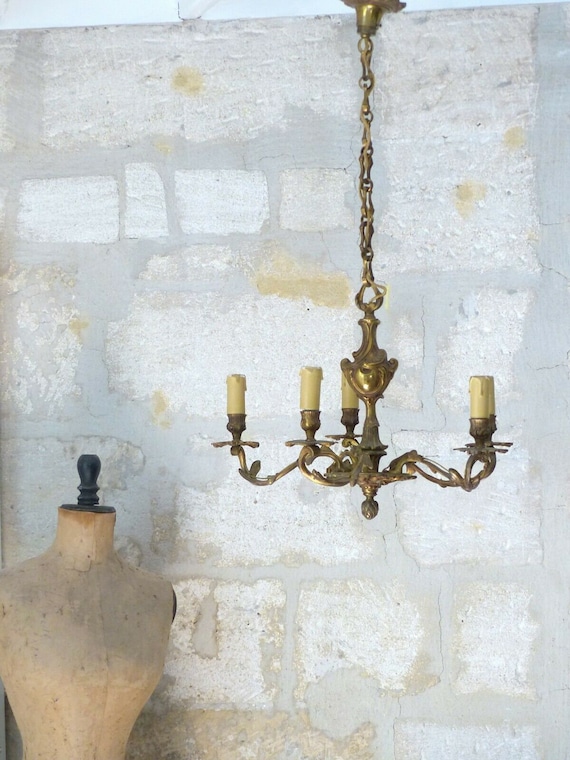 Late 19th century antique French five-arm ormolu bronze chandelier ceiling rococo Louis XV