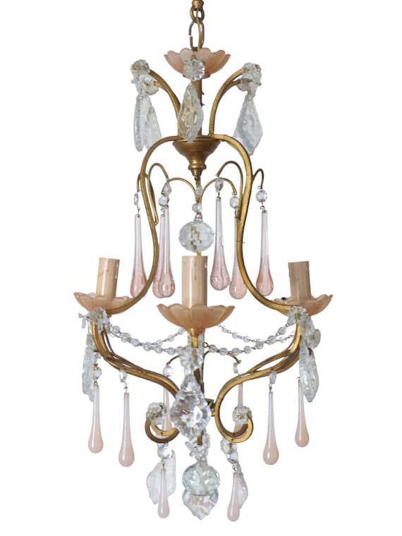Antique candlestick peachy pink opaline drops cup beads 1930 murano rare 3 fires