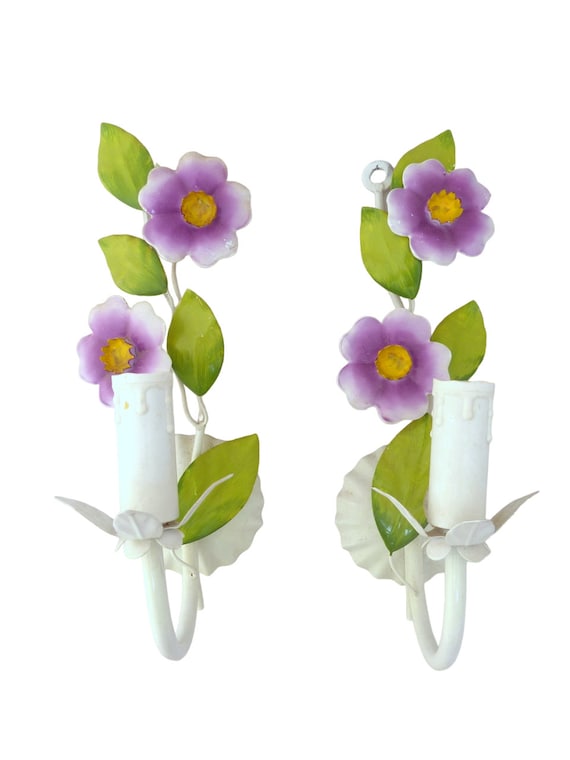 Charming florentine pair wall light enameld metal tole flowers 1970 italian
