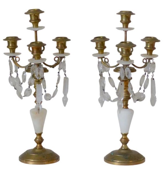 1900 gorgeous antique pair french church candlestick gilded brass & alabaster