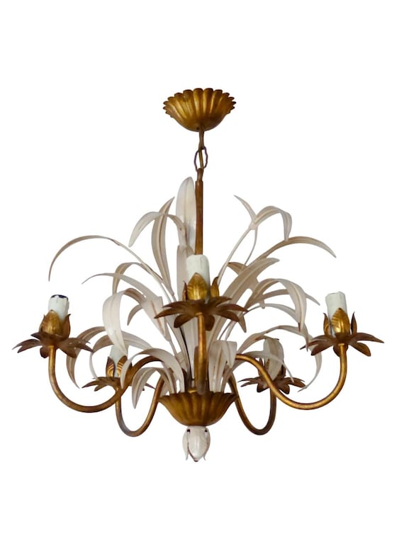 Vintage gilded enameled flower chandelier ceiling regency mid century hans kogl