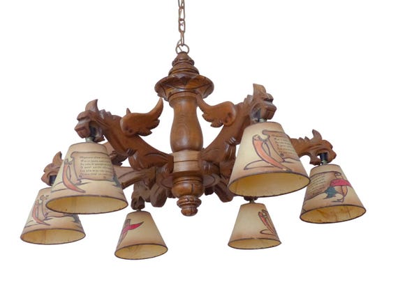 Vintage large French carved wood gothic chimera chandelier 6 lights gargoye 1950