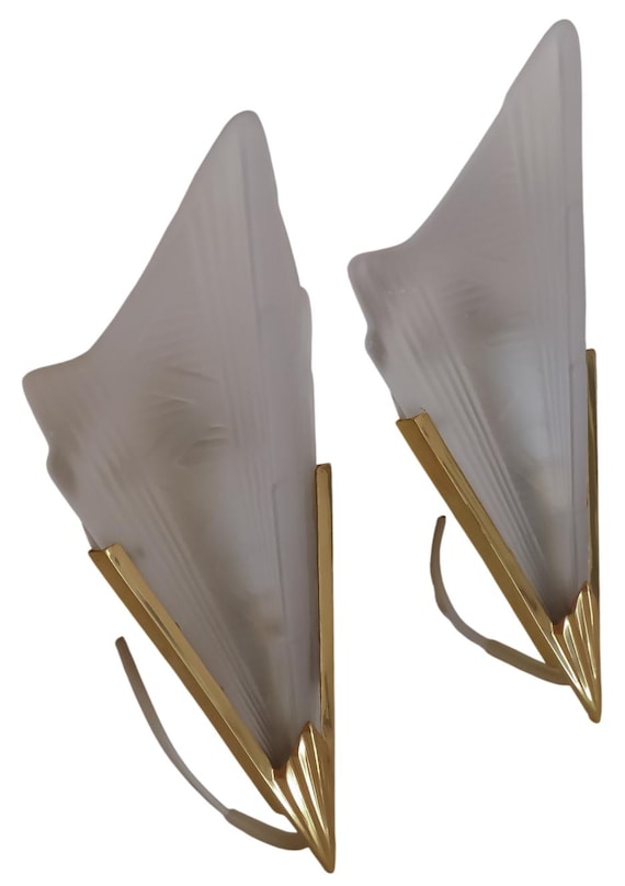 Nice pair 1980s art deco style wall sconces gilt metal pressed glass geometric