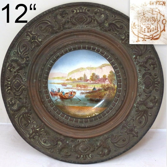 12" rare antique 19th century French hand-painted plate, copper framed, sign Choisy-le-Roi