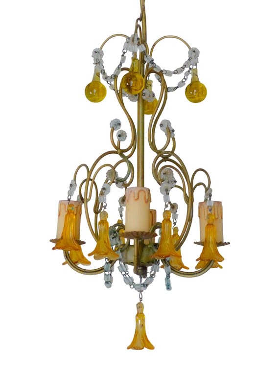 Vintage chandelier amber glass drops prisms beads 1930 italian ceiling 4 lights