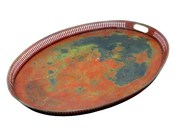 Antique 19th c. french victorian hand painted tole metal toleware oval tray red
