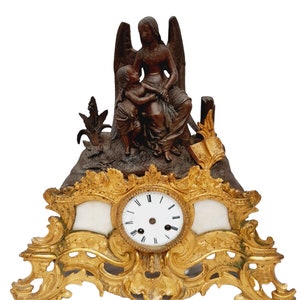 16&quot; gorgeous antique french spelter gilded bronze clock 19th paris rococo angel