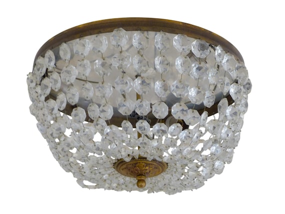 Gorgeous vintage French empire ceiling d: 12" gilded brass & crystal prisms 50's