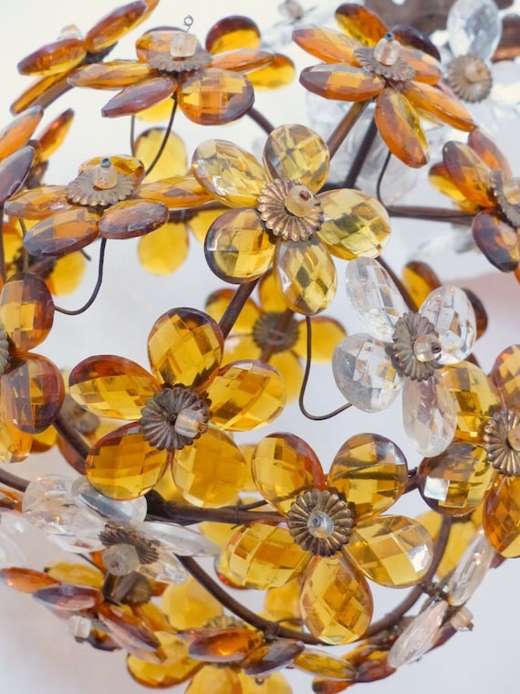 Vintage French amber flower prisms house rings antique style chandelier