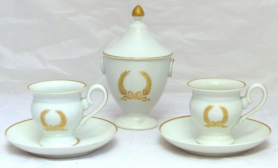Superb antique Paris porcelain tête-à-tête coffee service with gilt Empire decoration