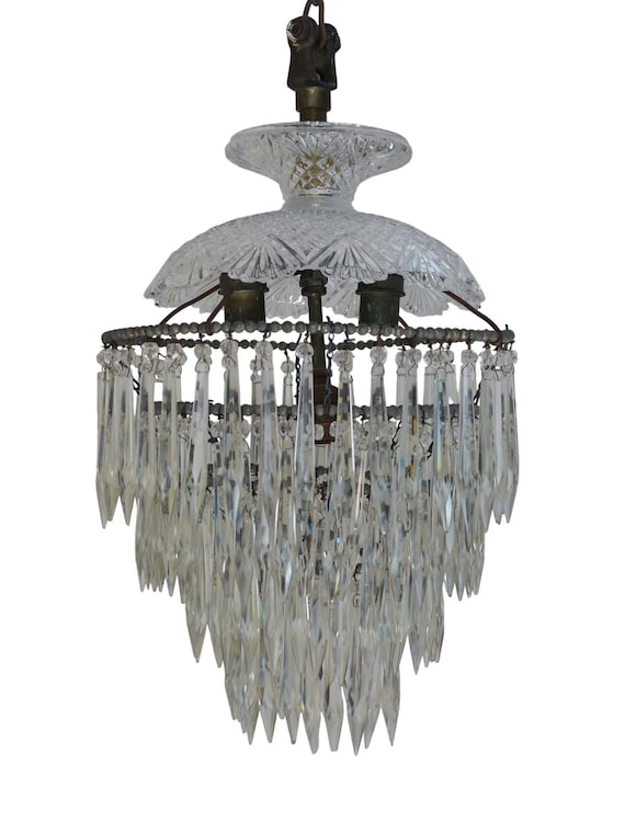 Antique crystal waterfall chandelier 3 lights brass ceiling lamp art deco 1930