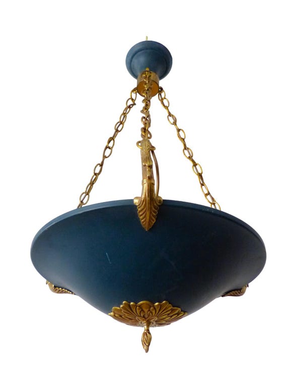 Vintage Empire Style Pendant Light in Empire Green Painted Tole with Gilt Bronze Swans, Hanging Bowl Chandelier, Neoclassical Lighting