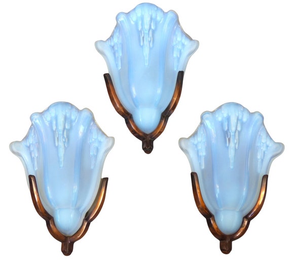 Gorgeous set 3 anglewall light sconces art deco opalescent glass signed ezan