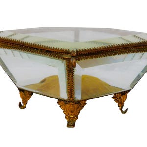Antique large French jewelry box thick beveled glass rare theme 19th brass