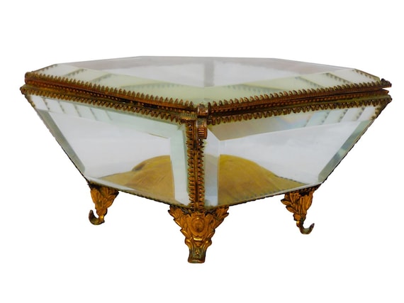 Antique large French jewelry box thick beveled glass rare theme 19th brass