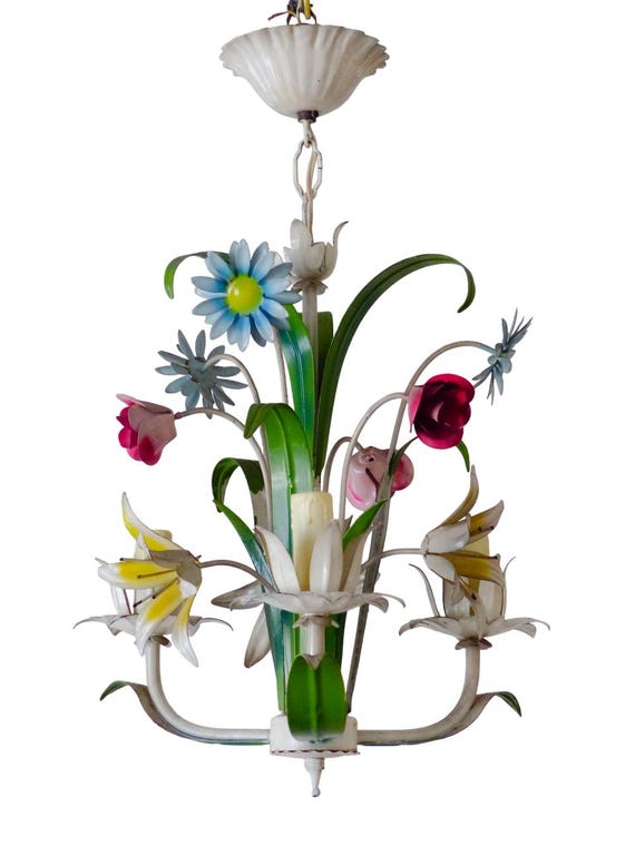 60's charming florentine chandelier enameled metal tole flower italian ceiling 2
