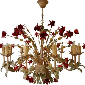 Xxl large florentine chandelier metal tole flowers ceiling hollywood regency 12x