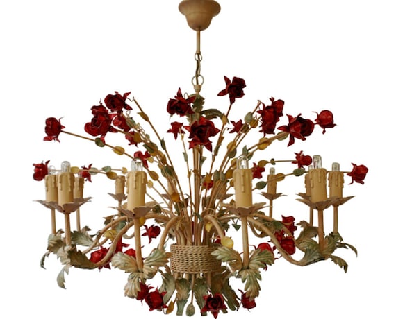 Xxl large florentine chandelier metal tole flowers ceiling hollywood regency 12x