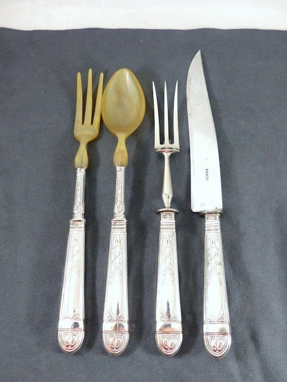 1880s antique French sterling silver 4-piece salad & carving set, Napoleon III period