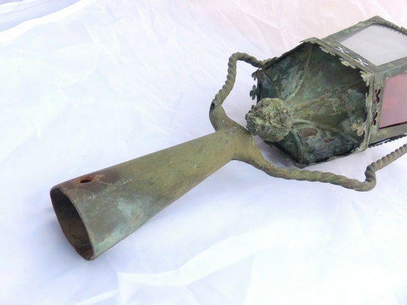 Antique religious gothic church lantern light green brass glass candle holder 19th