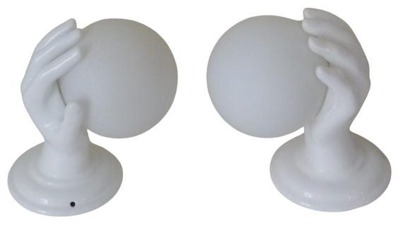 Gorgeous vintage French set 2x wall lights ceramic hand lamp 1970 glass shades