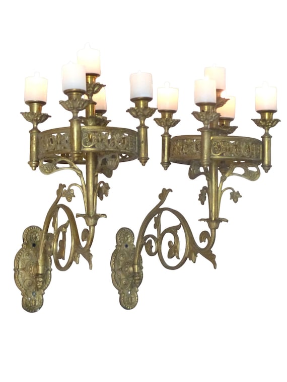 Antique French sanctuary church bronze pair wall light religious 19th rare crown