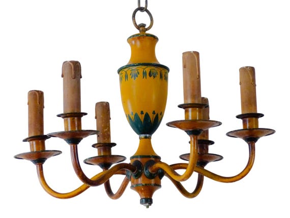 Gorgeous French antique 6-light chandelier, painted tin, Empire style, 19th century, Directoire style