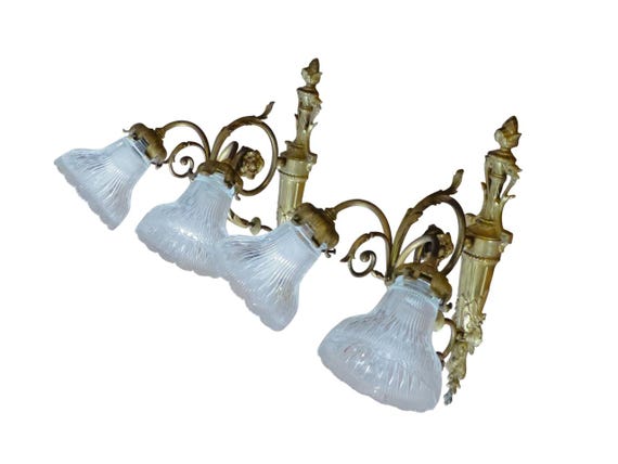 Rare antique French pair gilt bronze brass wall light sconce crystal shade 19th