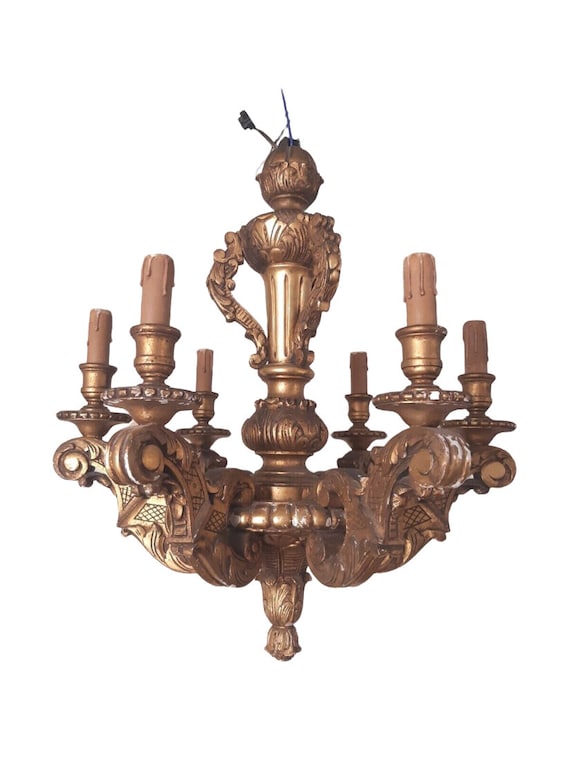Gorgeous antique italian 6 arms gilded carved wood chandelier ceiling late 1900